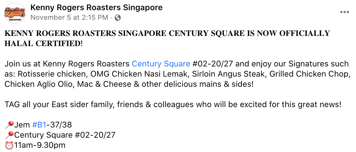 Kenny Rogers Singapore Menu